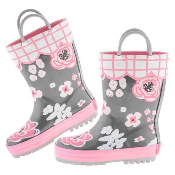 Stephen Joseph Charcoal Floral Rain‎ Boots 12 Toddler NEW - Picture 1 of 4